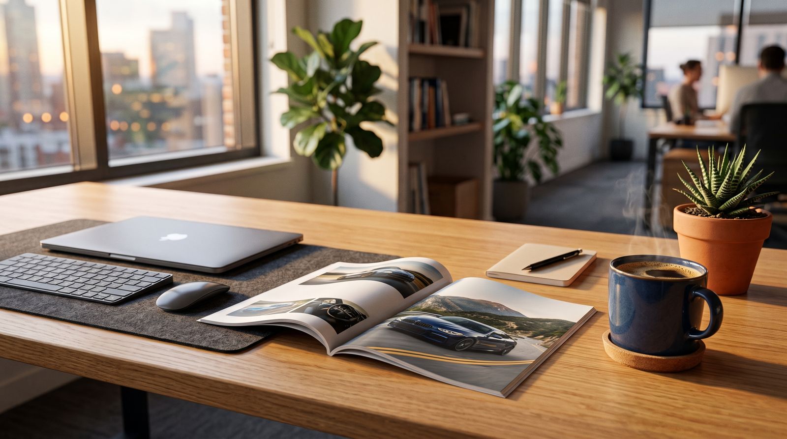 Bureau avec magazine automobile et café